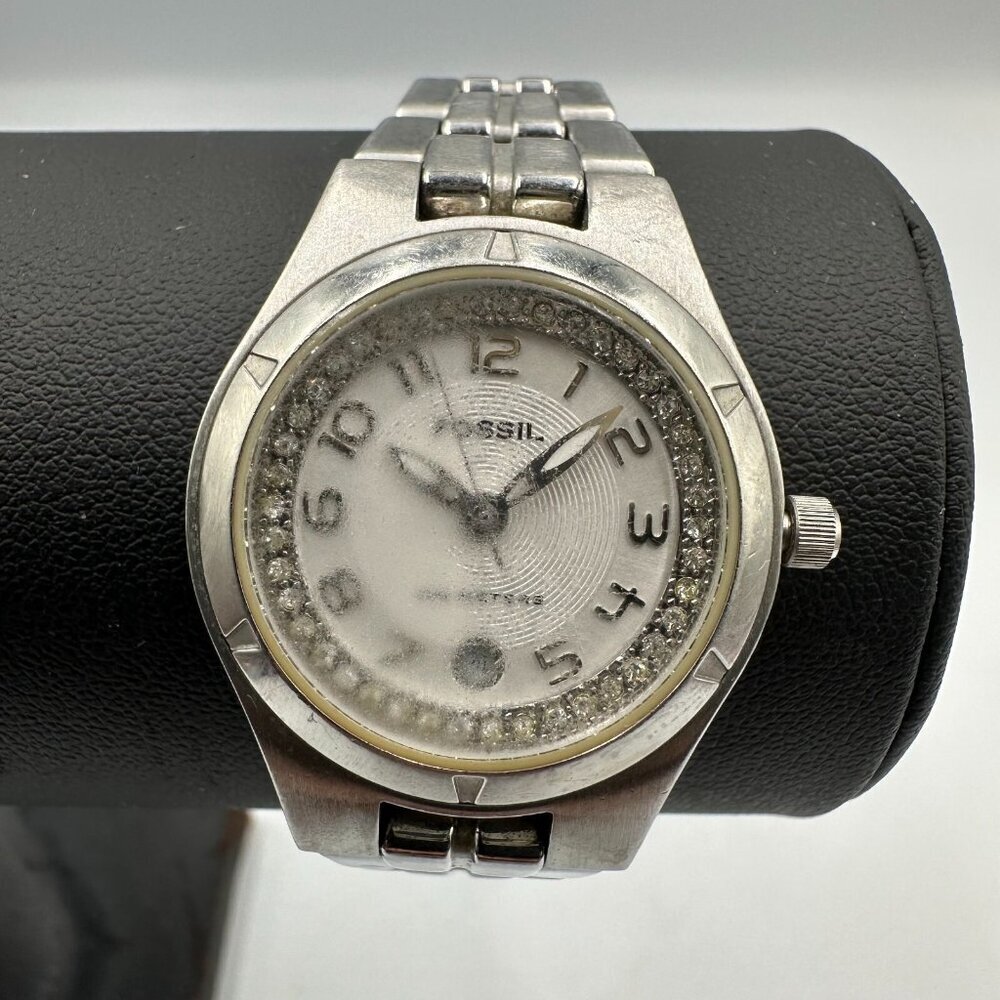 3/$30 Fossil Watch Women Silver Tone White Dial Date Flawed Crystal 7.25" - Picture 2 of 14